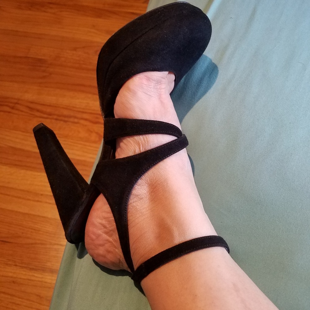 Suede black strap heels